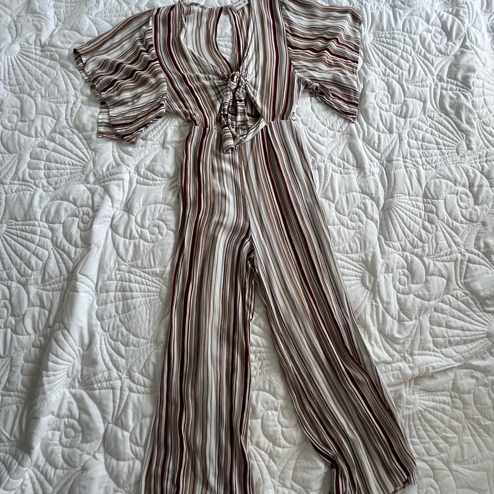 Faithfull the Brand Brown and Cream Striped Jumpsuit with Wide-Leg Silhouette
